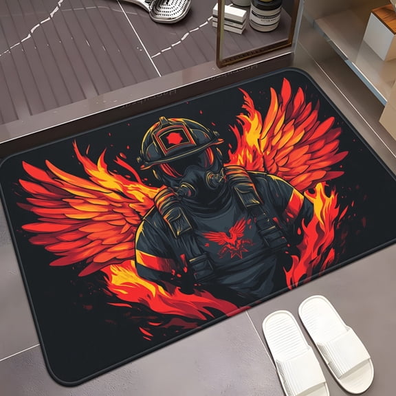 50*80cm Flame Wing Firefighter Hero Print Flannel Doormat, Non-Slip Mat, Patriotic Fireman Art Front Entry Rug