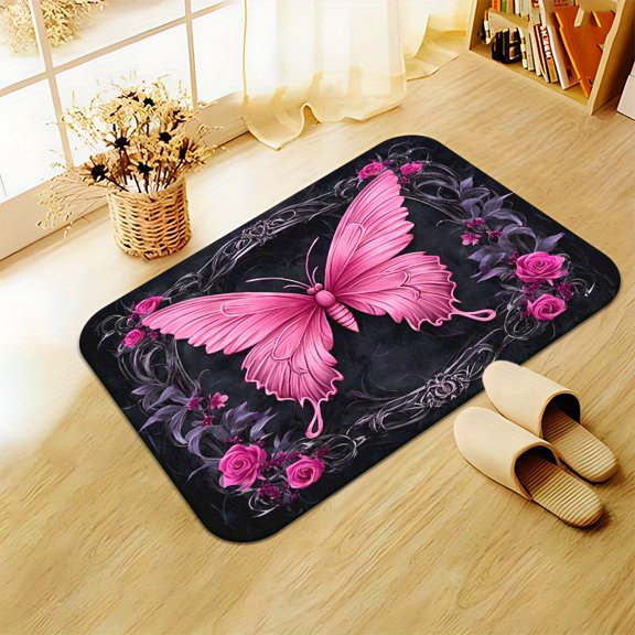 50*80cm Gothic Pink Butterfly Rose Vintage Scroll Frame Print Flannel Doormat, Non-Slip Mat, Dark Floral Front Entry Floor Rug