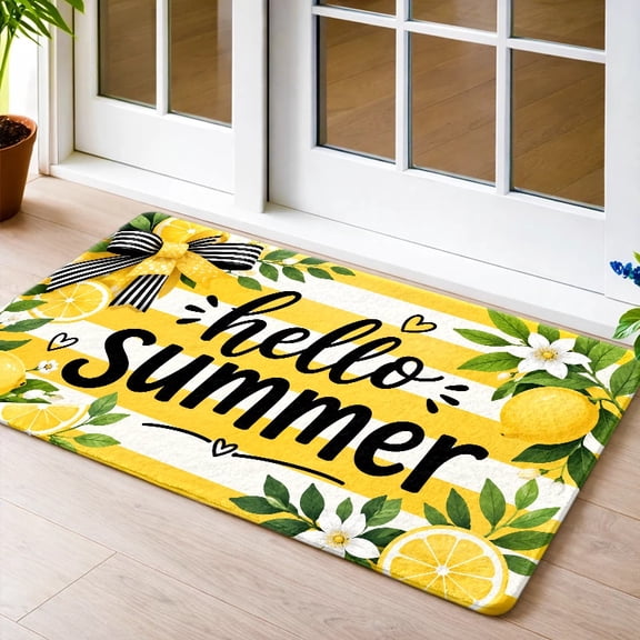 50*80cm Hello Summer Black White Striped Bow Lemon Floral Print Flannel Doormat, Non-Slip Mat, Bright Citrus Summer Front Entry Floor Rug