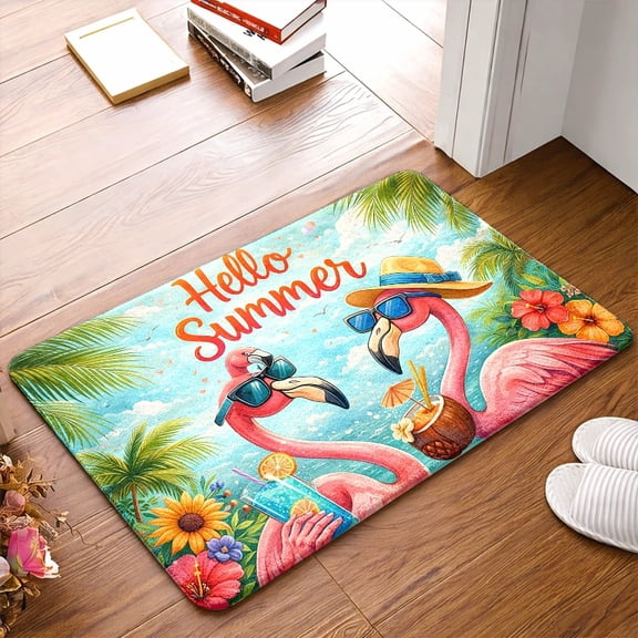 50*80cm Hello Summer Print Flannel Bath Mat, Non-Slip Flamingo Tropical Doormat, Soft Plush Palm Tree And Flower Design For Entryway