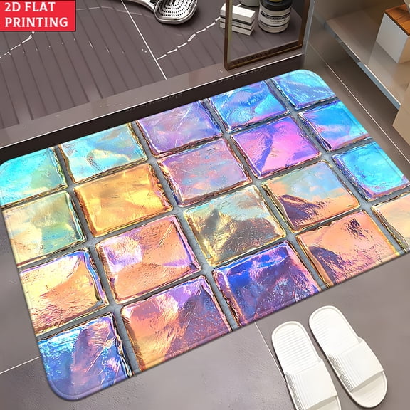 50*80cm Holographic Iridescent Tile Print Flannel Bath Mat, Non-Slip Rainbow Rug, Soft Plush Shimmering Geometric Design For Entryway