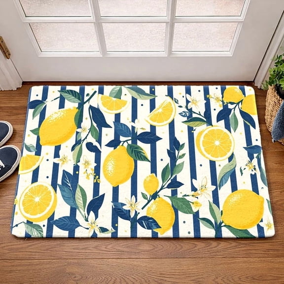 50*80cm Lemon Print Flannel Bath Mat, Non-Slip Doormat, Cozy Soft Blue Striped Summer Design For Kitchen