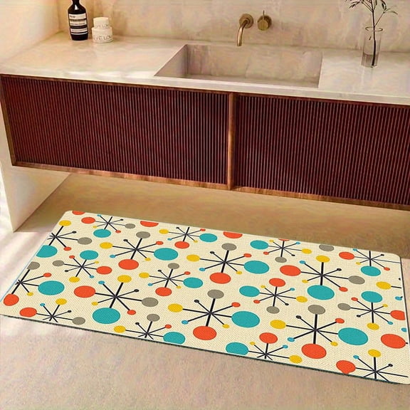 50*80cm Mid-Century Modern Atomic Starburst Print Flannel Bath Mat, Non-Slip Mat, Cozy Retro Geometric Design For Bathroom