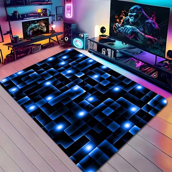 50*80cm Neon Blue 3D Grid Print Flannel Gaming Mat, Non-Slip Doormat, Cozy Soft Futuristic Design For Gamer Room
