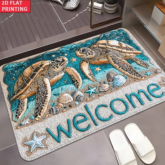 50*80cm Sea Turtle Welcome Print Flannel Bath Mat, Non-Slip Coastal Doormat, Soft Plush Ocean Beach Design For Entryway