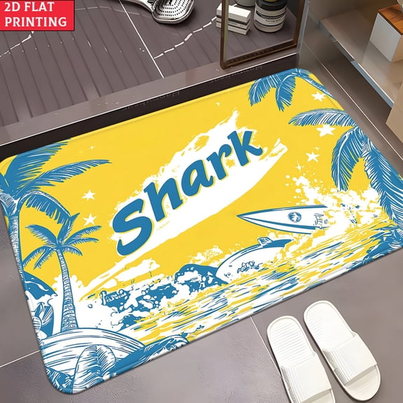 50*80cm Shark Beach Surf Print Flannel Bath Mat, Non-Slip Tropical Doormat, Soft Plush Yellow And Blue Palm Tree Design For Entryway