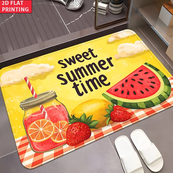 50*80cm Sweet Summer Time Print Flannel Bath Mat, Non-Slip Tropical Fruit Doormat, Soft Plush Watermelon And Lemonade Design For Entryway