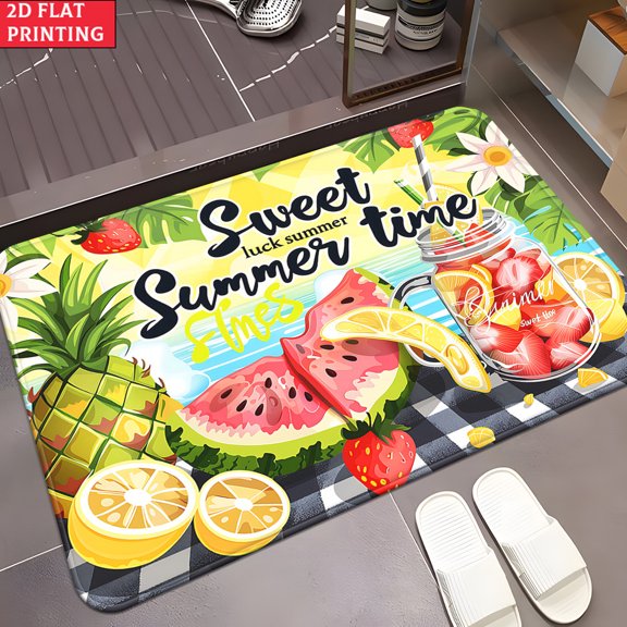 50*80cm Sweet Summer Time Print Flannel Bath Mat, Non-Slip Tropical Fruit Doormat, Soft Plush Watermelon And Pineapple Design For Entryway