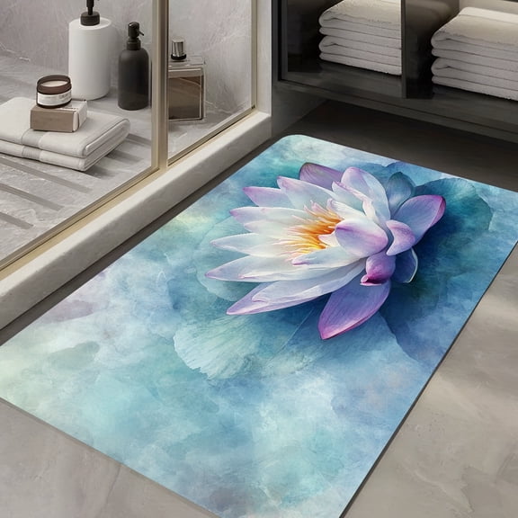 50*80cm Watercolor Lotus Print Diatomaceous Earth Bath Mat, Non-Slip Zen Floral Rug, Quick-Drying Serene Water Lily Design Doormat For Bathroom Entryway