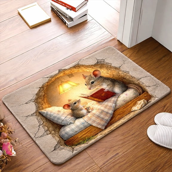 50*80cm3D Mouse Hole Family Print Flannel Doormat, Non-Slip Mat, Whimsical Mouse Themed Front Entry Floor Rug