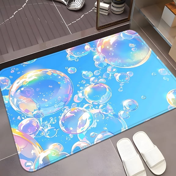 50*80cmBubble Print Flannel Bath Mat, Non-Slip Blue Iridescent Doormat, Soft Plush Shimmering Soap Bubble Design For Entryway