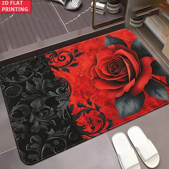 50*80cmRed Rose Floral Print Flannel Bath Mat, Non-Slip Gothic Doormat, Soft Plush Black And Red Ornate Design For Entryway