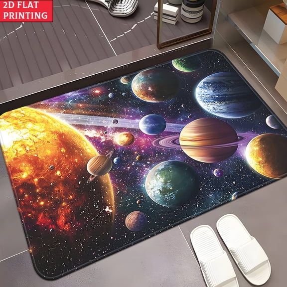 50*80cmSolar System Print Flannel Bath Mat, Non-Slip Outer Space Doormat, Soft Plush Galaxy And Planets Design For Entryway