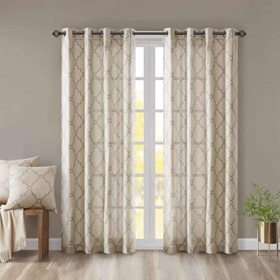 5084 Inch Beige Grey Fretwork Print Basket Weave Grommet Top Curtain Panel Polyester Rayon Blend Semi-Sheer Privacy Window Drape Machine Washable