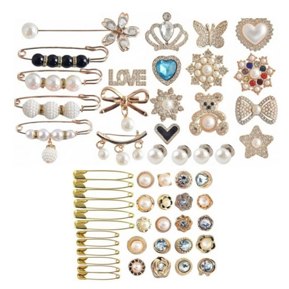 50-96Pcs Artificial Pearls Rhinestones Charm for Socks Brooch Pin Artificial Pearls Safe Pin Dress Sweater Shawl Clip