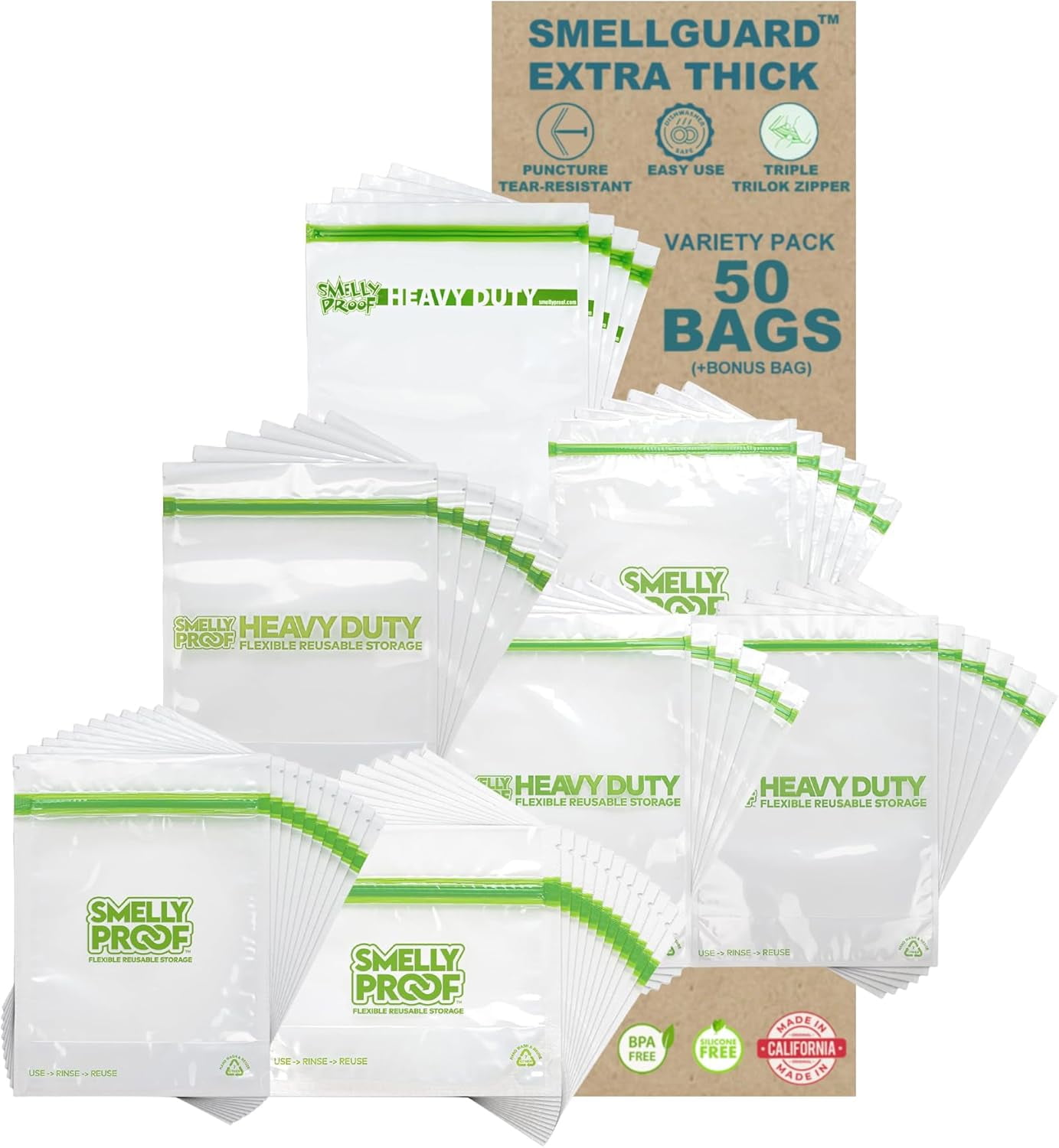 Smelly Proof Reusable Food Storage Bags - 8.5x10 Inch Quart Size, Dishwasher Safe, BPA Free, 10 Pack, Made In USA - View #10