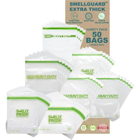 50 ASSORTED Smelly Proof Reusable Ziplock Bags - Dishwasher-Safe Eco-Friendly, BPA-Free, Reuseable Food Storage, Meal Prep, Sous Vide, Freezer, & Cooking, Multi-Size Variety Bags + Free Bonus Bag