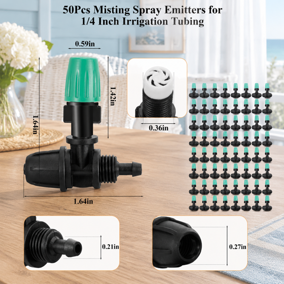 50 Adjustable Atomizing Drip Irrigation Emitters for 1/4 Inch Tubing, Tee Spray