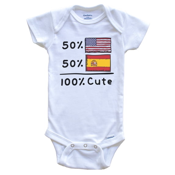 50% American 50% Spanish 100% Cute Spain USA Flags Baby Bodysuit, 3-6 Months White