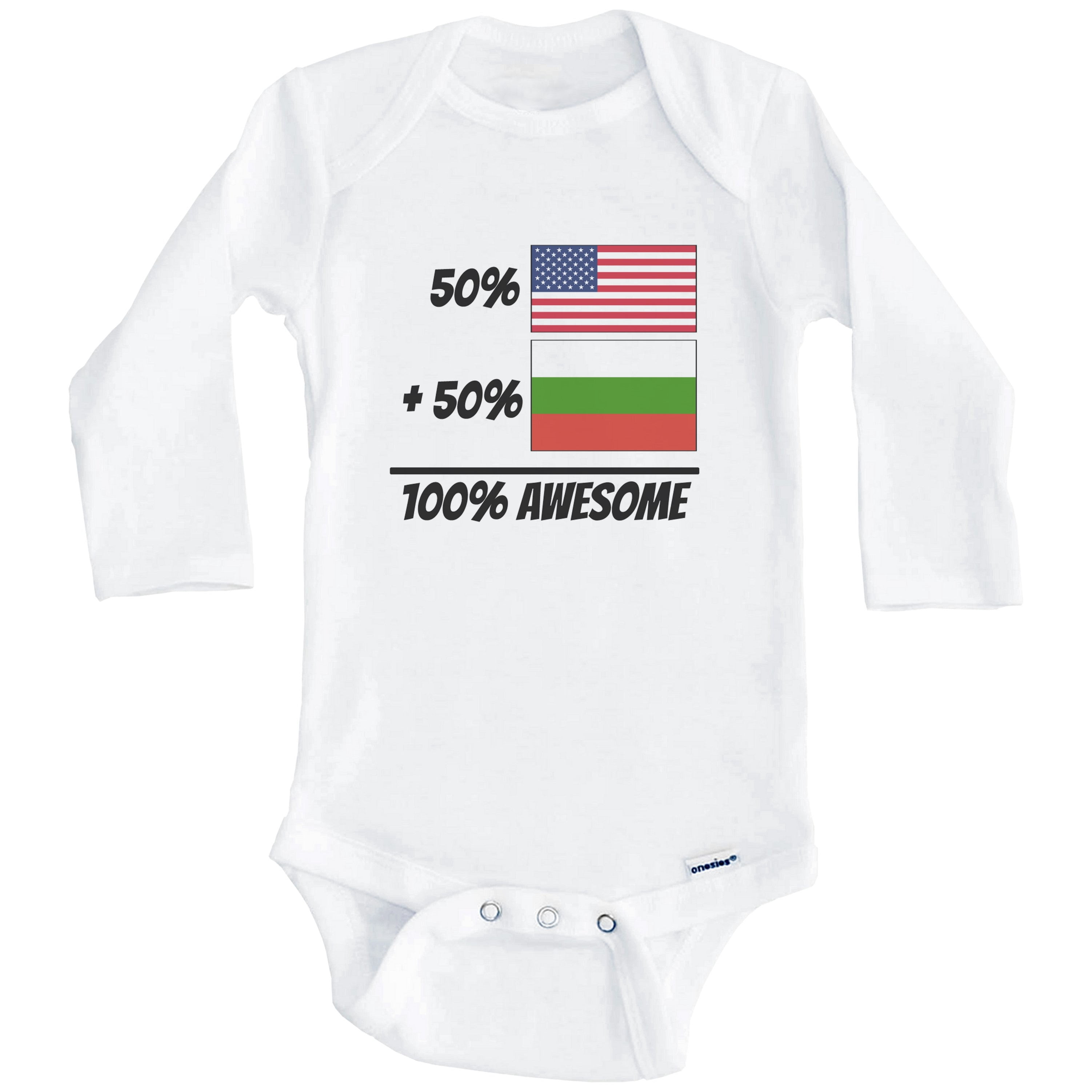 50% American Plus 50% Bulgarian Equals 100% Awesome Cute Bulgaria Flag One Piece Baby Bodysuit (Long Sleeve), 0-3 Months White