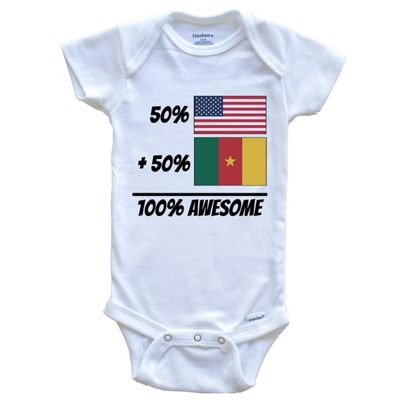 50% American Plus 50% Cameroonian Equals 100% Awesome Cute Cameroon Flag Baby Bodysuit, 3-6 Months White