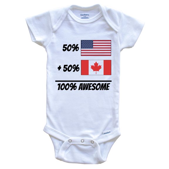 50% American Plus 50% Canadian Equals 100% Awesome Cute Canada Flag Baby Bodysuit, 3-6 Months White