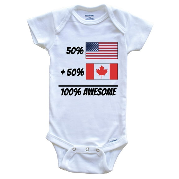 50% American Plus 50% Canadian Equals 100% Awesome Cute Canada Flag Baby Bodysuit, 6-9 Months White
