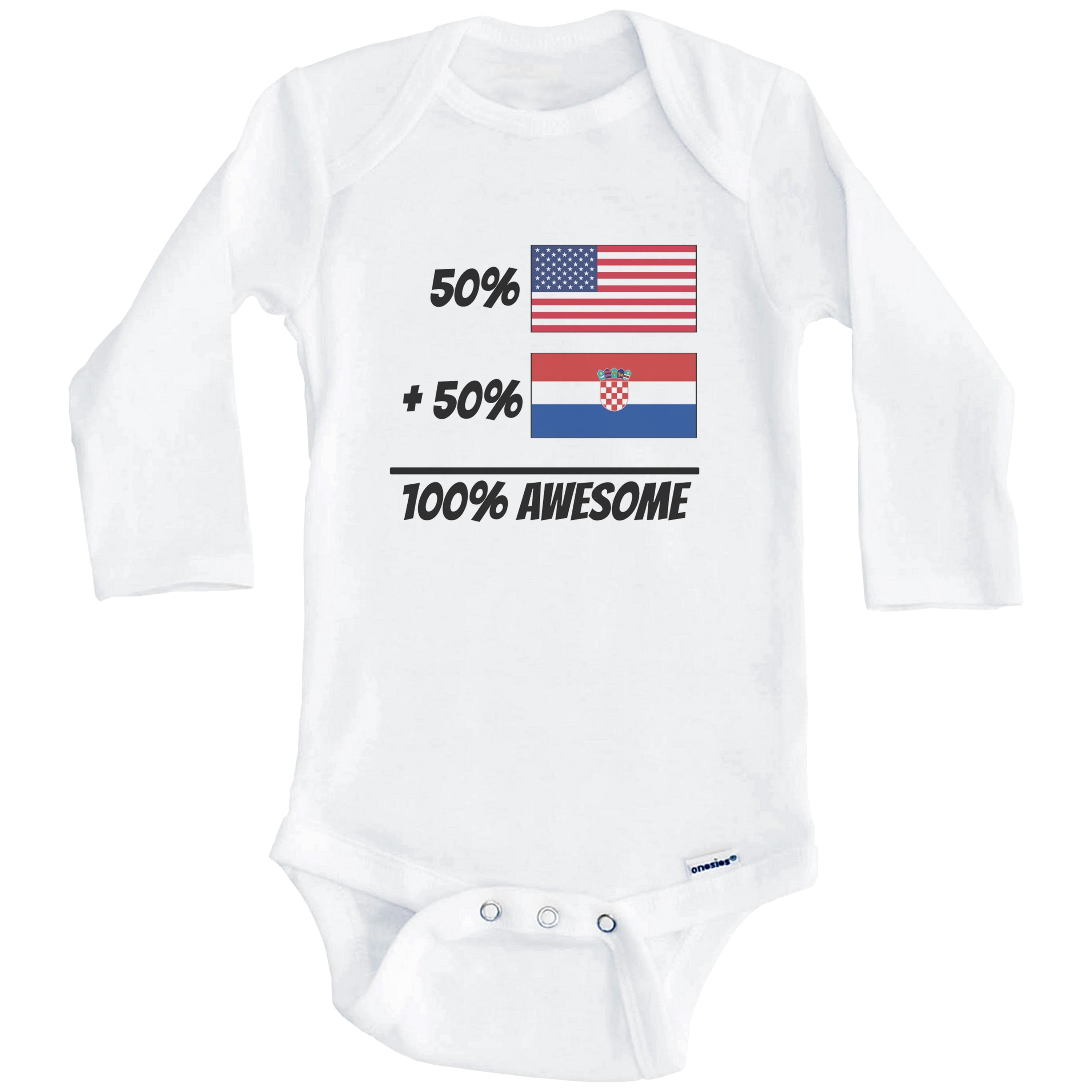 50% American Plus 50% Croatian Equals 100% Awesome Cute Croatia Flag One Piece Baby Bodysuit (Long Sleeve), 3-6 Months White