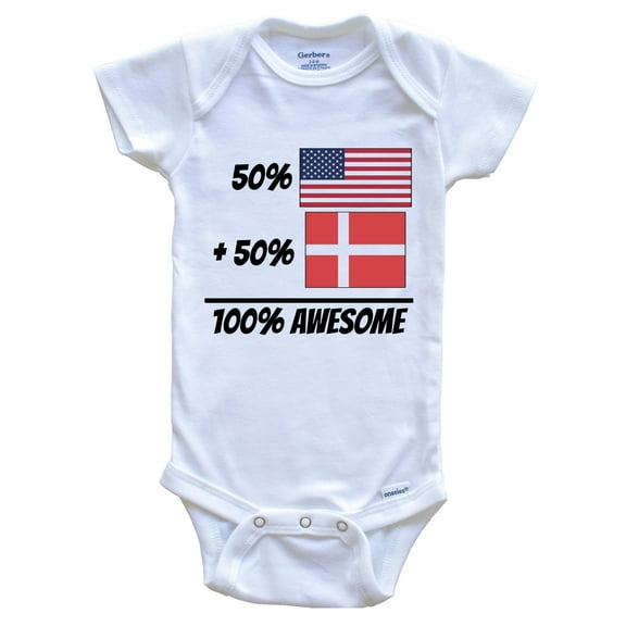 50% American Plus 50% Danish Equals 100% Awesome Cute Denmark Flag Baby Bodysuit, 0-3 Months White