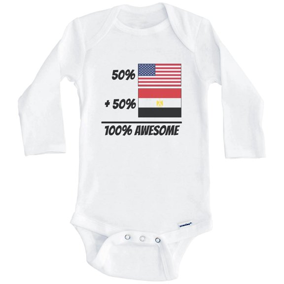 50% American Plus 50% Egyptian Equals 100% Awesome Cute Egypt Flag One Piece Baby Bodysuit (Long Sleeve), 3-6 Months White