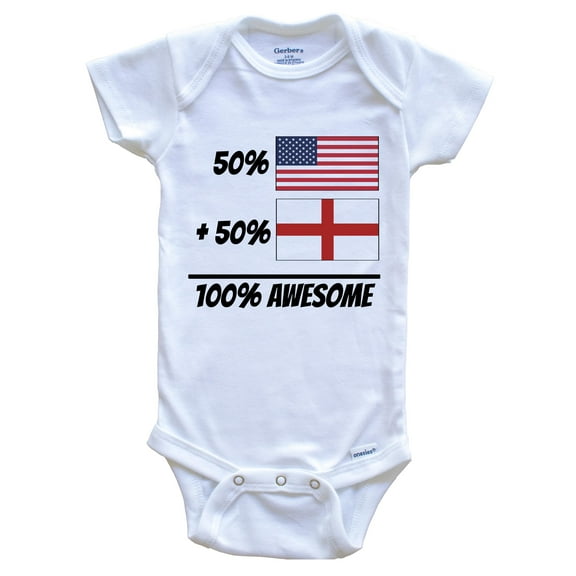 50% American Plus 50% English Equals 100% Awesome Cute England Flag Baby Bodysuit, 0-3 Months White