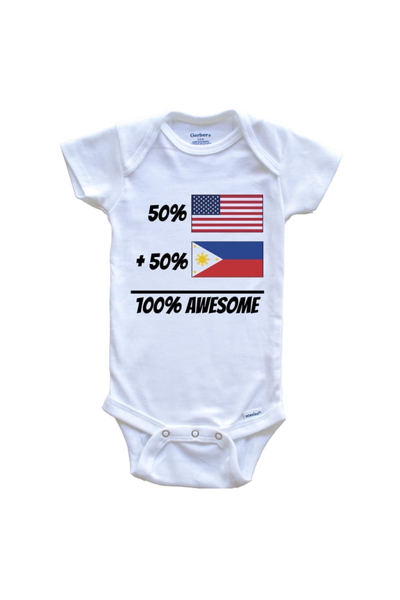 50% American Plus 50% Filipino Equals 100% Awesome Cute Philippines Flag Baby Bodysuit, 3-6 Months White