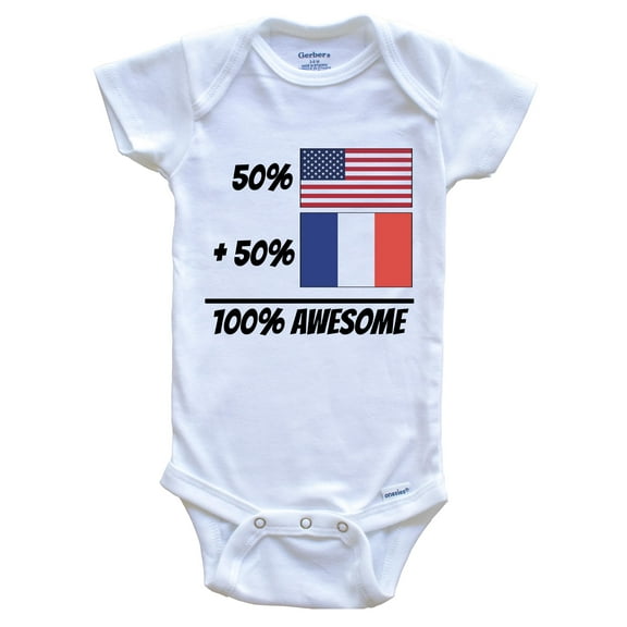 50% American Plus 50% French Equals 100% Awesome Cute France Flag Baby Bodysuit, 0-3 Months White