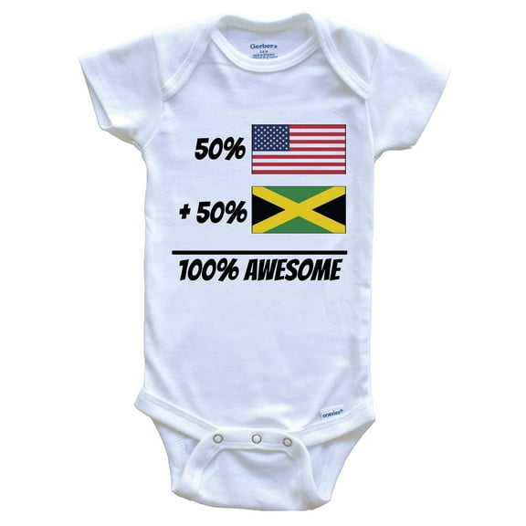 50% American Plus 50% Jamaican Equals 100% Awesome Cute Jamaica Flag Baby Bodysuit, 0-3 Months White