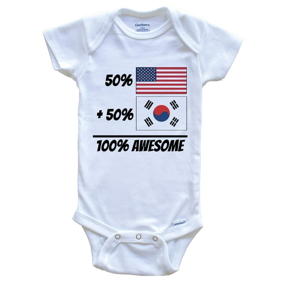 50% American Plus 50% Korean Equals 100% Awesome Cute South Korea Flag Baby Bodysuit, 3-6 Months White