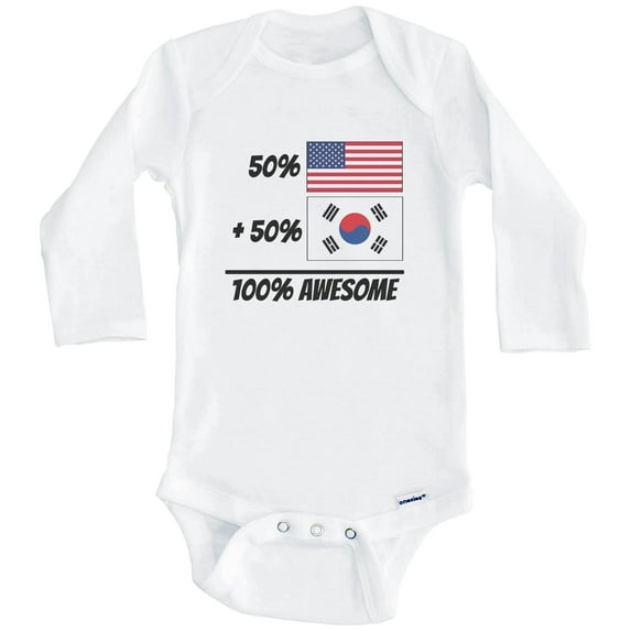 50% American Plus 50% Korean Equals 100% Awesome Cute South Korea Flag One Piece Baby Bodysuit (Long Sleeve), 3-6 Months White