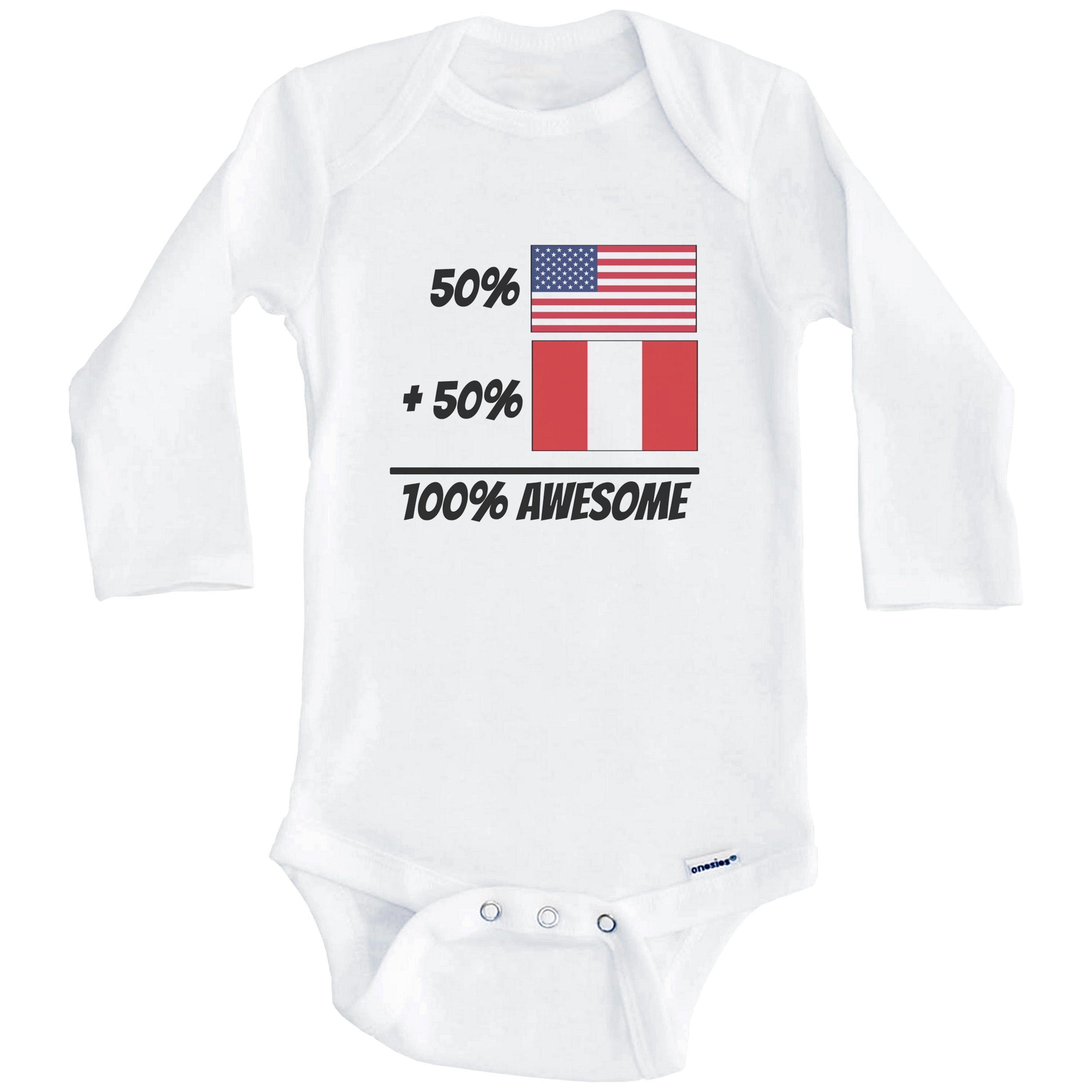 50% American Plus 50% Peruvian Equals 100% Awesome Cute Peru Flag One Piece Baby Bodysuit (Long Sleeve), 6-9 Months White