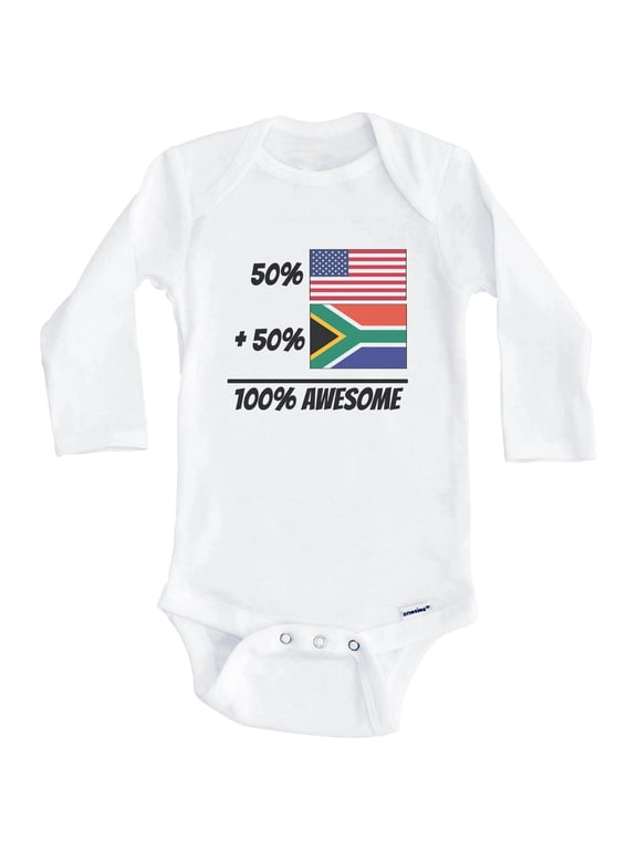 50% American Plus 50% South African Equals 100% Awesome Cute South Africa Flag One Piece Baby Bodysuit (Long Sleeve), 3-6 Months White