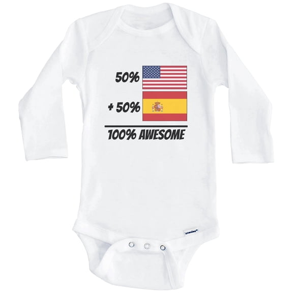 50% American Plus 50% Spanish Equals 100% Awesome Cute Spain Flag One Piece Baby Bodysuit (Long Sleeve), 3-6 Months White
