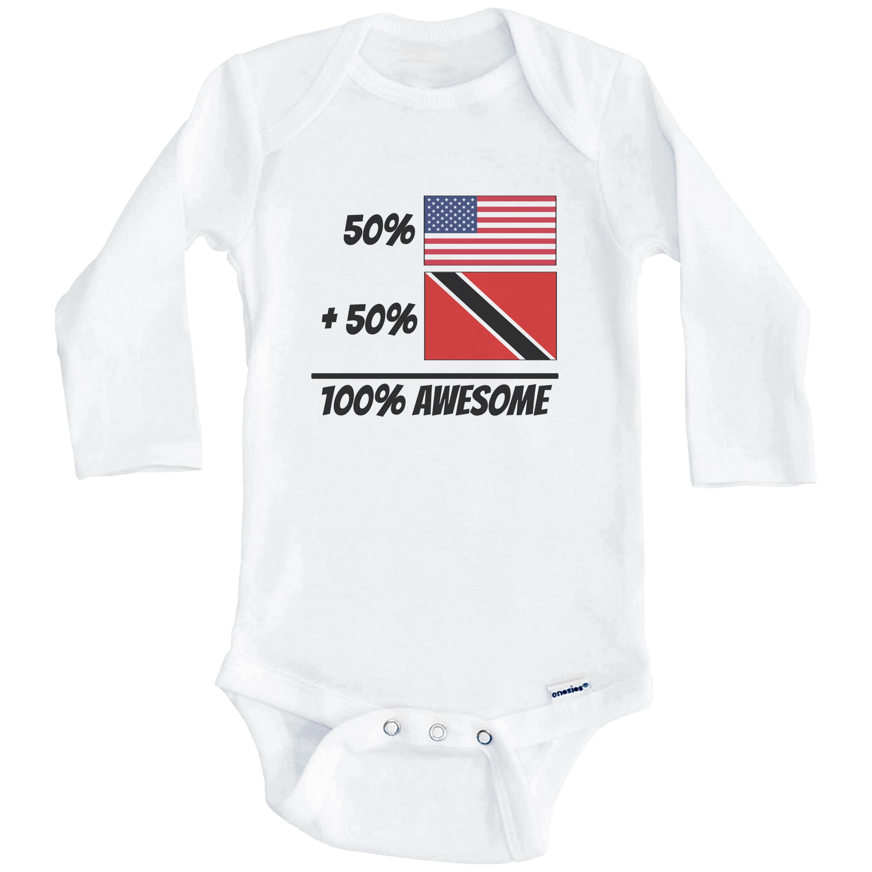50% American Plus 50% Trinidadian Equals 100% Awesome Cute Trinidad and Tobago Flag One Piece Baby Bodysuit (Long Sleeve), 6-9 Months White