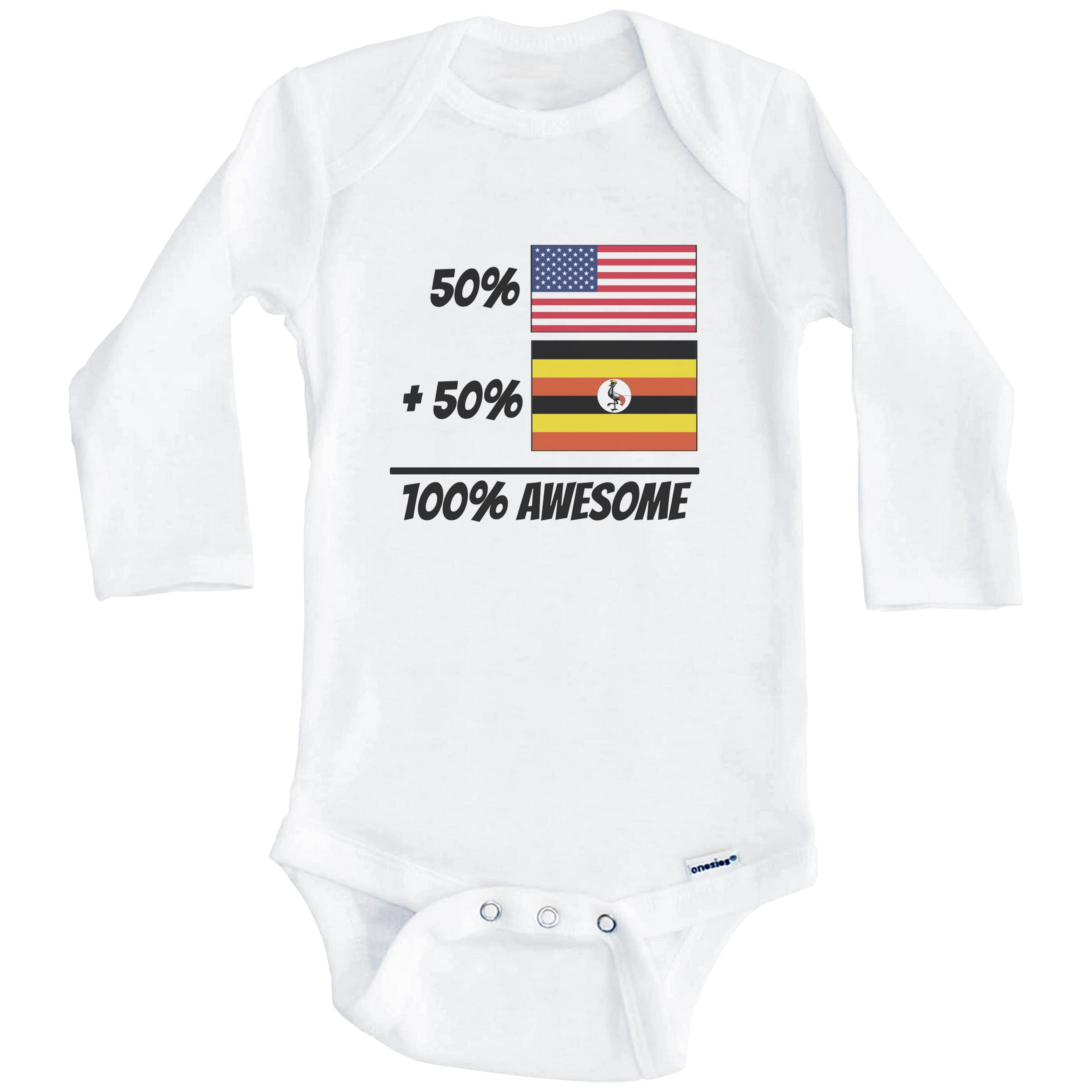 50% American Plus 50% Ugandan Equals 100% Awesome Cute Uganda Flag One Piece Baby Bodysuit (Long Sleeve), 6-9 Months White