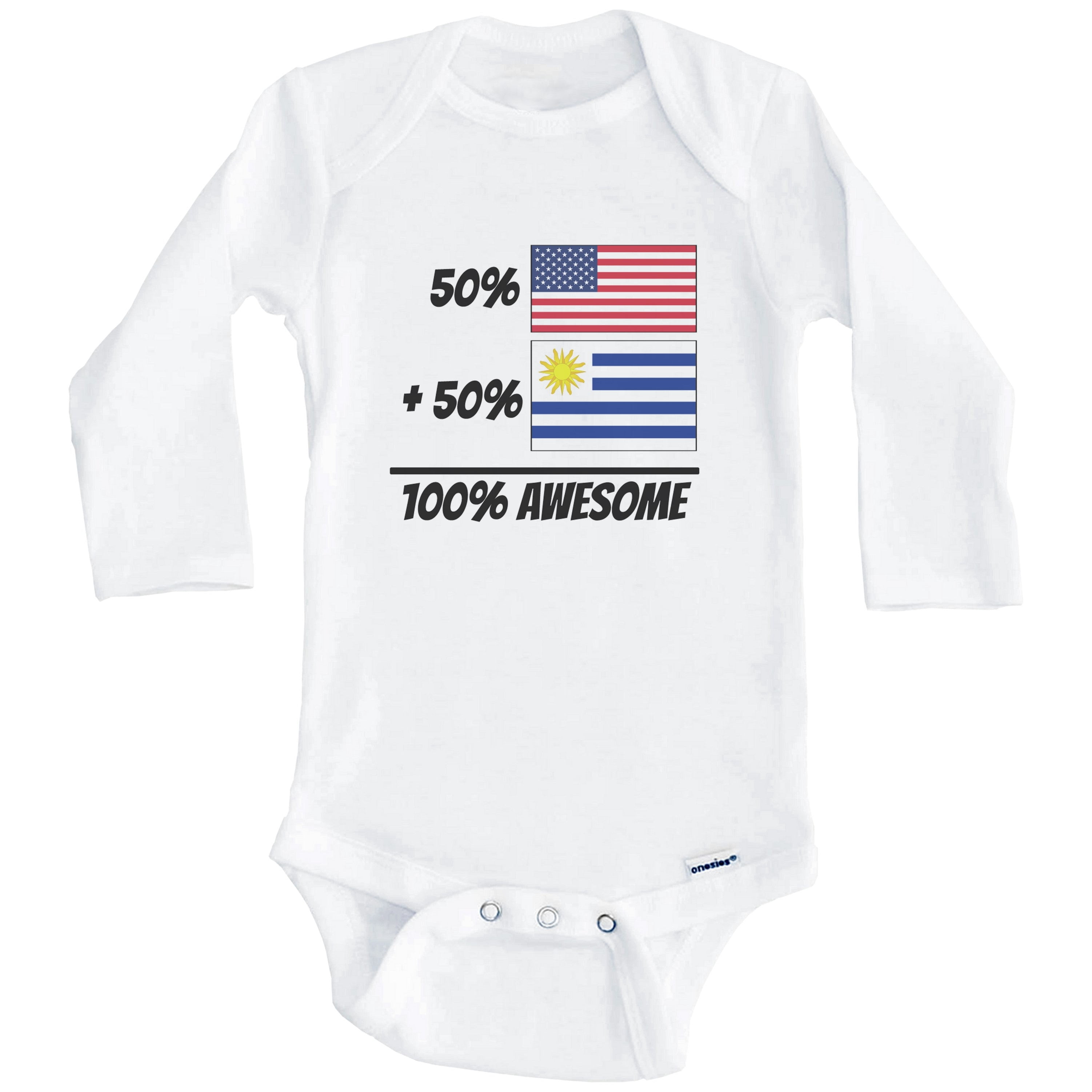 50% American Plus 50% Uruguayan Equals 100% Awesome Cute Uruguay Flag One Piece Baby Bodysuit (Long Sleeve), 3-6 Months White