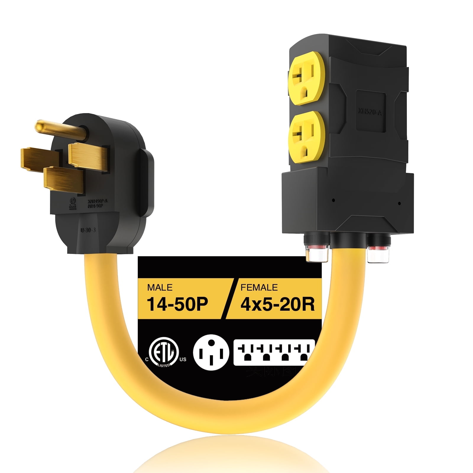 50 Amp to 20 Amp 110 Adapter with Circuit Breaker RV Generator Adapter Cord Distribution NEMA 14-50 Adapter to 4X 5-15R/5-20R T-Blade Multiple Use ETL Listed 1.5 FT Household Outlet