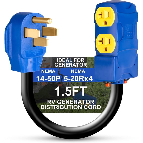50 Amp to 20 Amp 110V RV Distribution Adapter, NEMA 14-50P Male to 4 X 5-20R/15R Female RV Generator Adapter with 4-Prong to Mutiple Household Outlet w/ 20amp Circuit Breaker, UL Listed, 1.5FT