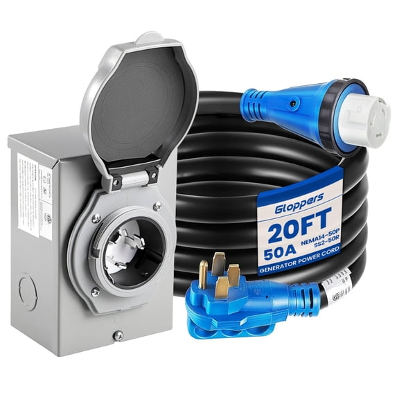 50 Amp 20FT Generator Power Cord + Power Inlet Box, NEMA 14-50P / SS2-50R Twist Lock Connector, Weatherproof & UV Resistant, for RV, Camping, Trailer & Emergency Backup Power