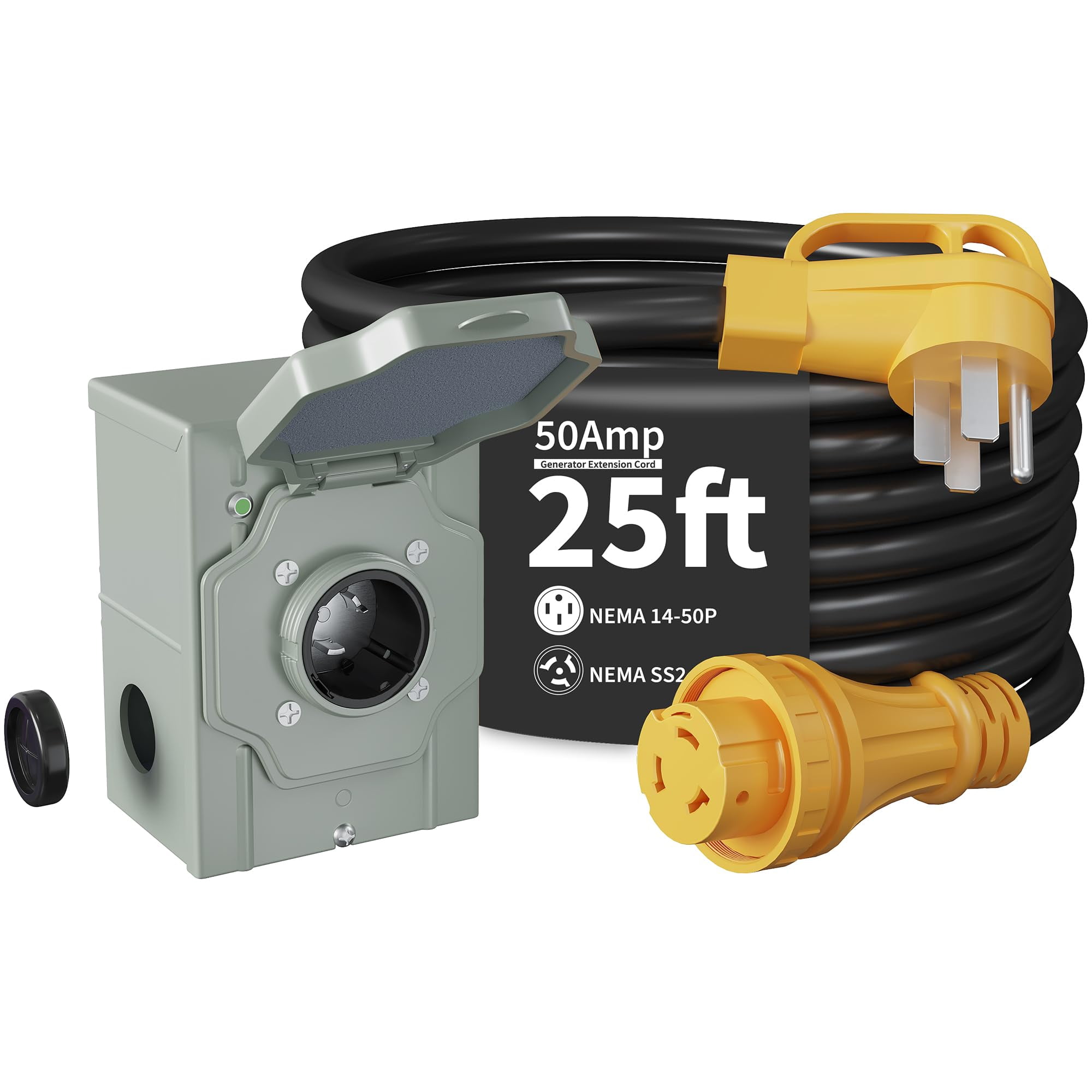 Generator House Adapter 50 Amp 25FT Generator Cord and Power Inlet Box Kit, NEMA 14-50P Male to ...