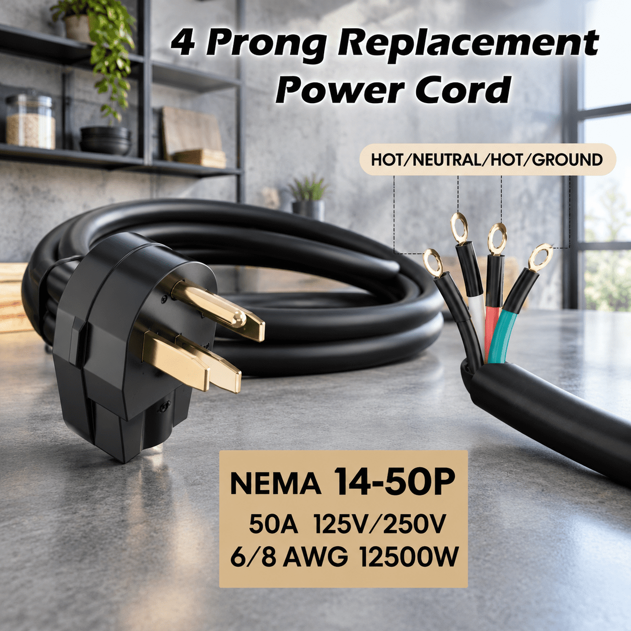 50 Amp 8FT 4-Prong Range Power Cord with Eyelet Connector for Stove and ...