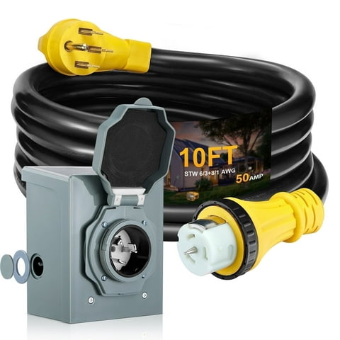 SPEEDWOW 10 FT 50 Amp RV Extension Cord, 125/250V Heavy Duty Extension Cord with Generator Inlet Box, 6/3+8/1 Gauge STW ETL Listed, NEMA 14-50P to SS2-50R, Waterproof Power Cord for RV Outdoor Home