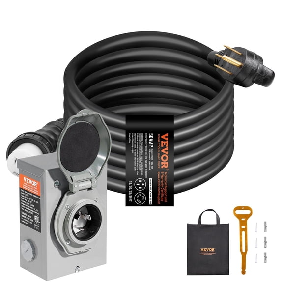 50 Amp Generator Cord & Inlet Box Kit, 15FT NEMA 14-50P to SS2-50R, 6/3+8/1 AWG STW Cable, Twist Lock Connector, ETL Listed  Power Your Home Safely