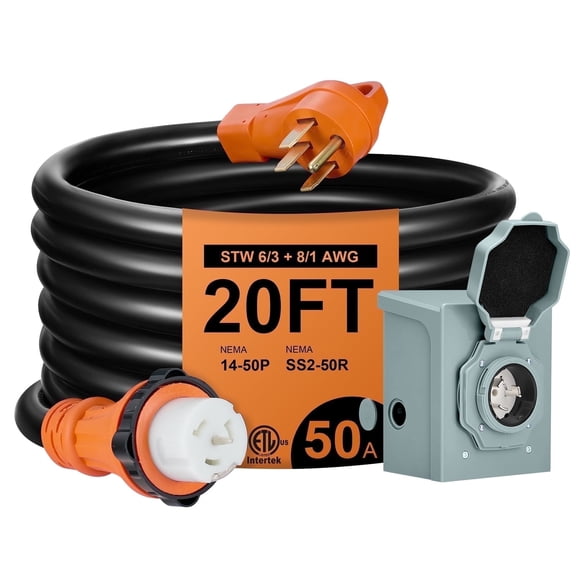 SPEEDWOW 20 FT 50 Amp RV Extension Cord, 125/250V Heavy Duty Extension Cord with Generator Inlet Box, 6/3+8/1 Gauge STW ETL Listed, NEMA 14-50P to SS2-50R, Waterproof Power Cord for RV Outdoor Home